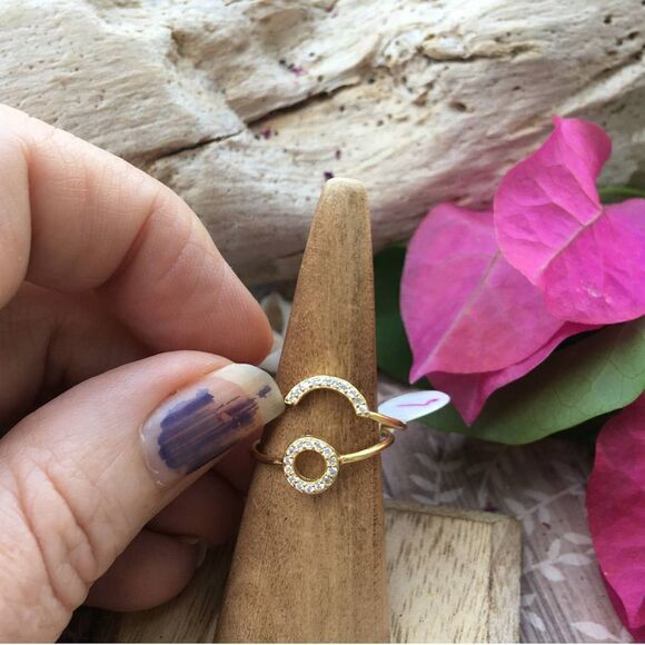 14k Gold Sterling Silver CZ Open Circle Ring Set Size 7 - Picture 5 of 6